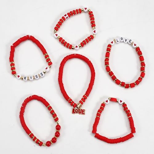 6PCS Valentine’s Day Clay Heishi Bracelet Set for Women- Red Pink Heart Love KISS XOXO Beaded Stretch Bracelets - Handmade Polymer Clay Crystal Glass Stackable Jewelry Gift for Galentine's Anniversary - color: LOVE-03