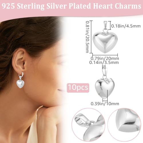 Beebeecraft 10Pcs 925 Sterling Silver Plated Heart Charms Metal Brass Love Heart Puffy 3D Shaped Pendant Charm for Jewelry Making Valentine DIY Crafts Necklace (20x20.5x10mm) - color: Silver, size: 20x21x10mm