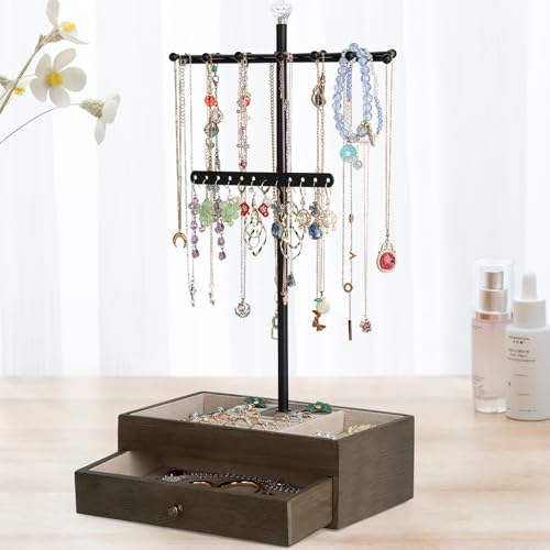 Meangood Jewelry Organizer Stand, 3-Tier Necklace Holder Jewelry Tree with Wooden Storage Drawer Box for Necklace Bracelet Earring Ring, Walnut - color: Weathered Grey