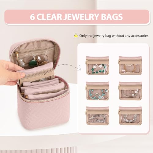 Teamoy Mini Jewelry Organizer with 6 Small Jewelry Bags, Travel Jewelry Storage Box for Necklaces, Rings, Earrings, Bracelets, Quilted Pink - color: Pink
