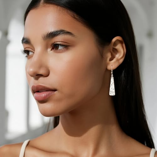 ALEXCRAFT 925 Sterling Silver Dangle Earrings for Women, 14K Gold Plated French Leverback Earrings, Hypoallergenic Lightweight Statement Hammer Square Bar Long Drop Earing for Women Trendy Jewelry - color: SilverA