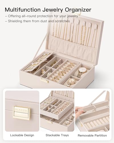 VLANDO 2 Layer Jewelry Boxes Large Jewelry Organizer for Women Removable Jewelery Tray for Watch Necklace Earrings Rings Bracelets Mothers Gifts Mom Gifts(Apricot White) - color: 04-Apricot Pink-Watch Pillow