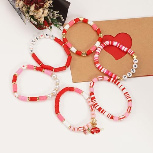 6PCS Valentine’s Day Clay Heishi Bracelet Set for Women- Red Pink Heart Love KISS XOXO Beaded Stretch Bracelets - Handmade Polymer Clay Crystal Glass Stackable Jewelry Gift for Galentine's Anniversary - color: LOVE-02