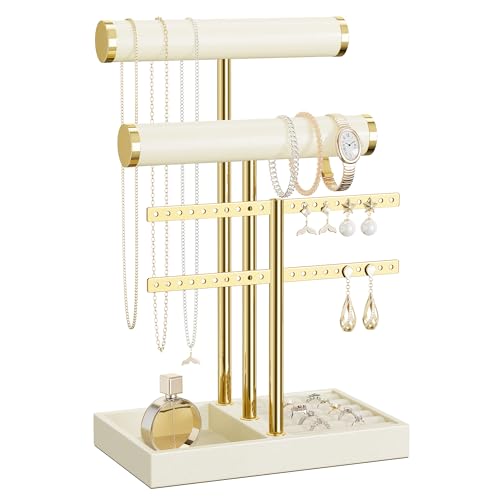 bussdis 3 Tier Bracelet Holder Display - Beige Leather Bracelet Holder, Detachable T Bar Jewelry Holder Organizer for Bracelet, Necklace, Earrings, Rings, Watches, Bangle - color: Beige