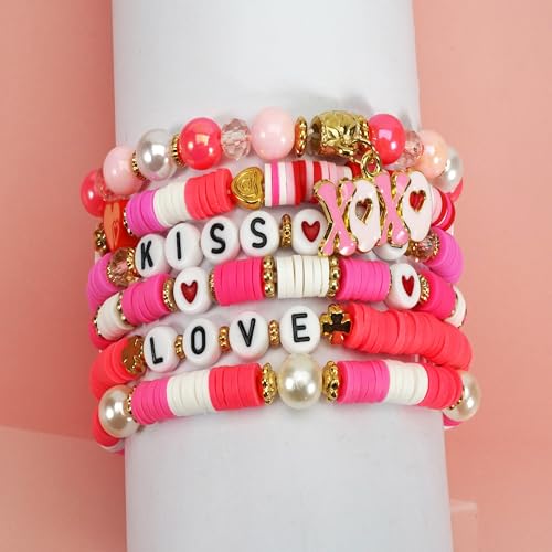 6PCS Valentine’s Day Clay Heishi Bracelet Set for Women- Red Pink Heart Love KISS XOXO Beaded Stretch Bracelets - Handmade Polymer Clay Crystal Glass Stackable Jewelry Gift for Galentine's Anniversary - color: LOVE-01