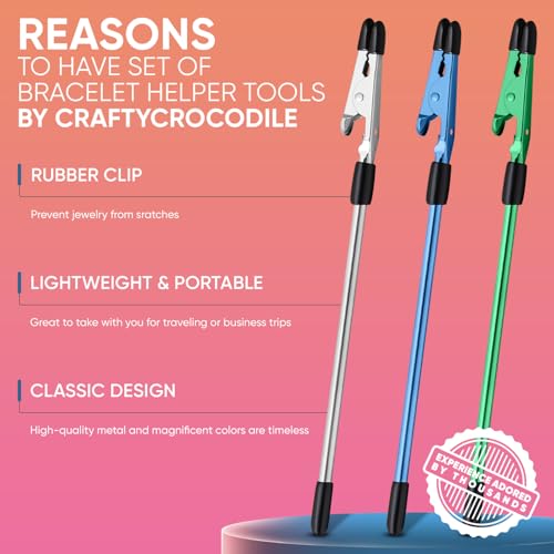 CraftyCrocodile Set of 3 Bracelet Helper Tool - Fastener Tool for Bracelet, Necklace, Jewelry, Watch - Сlip, Clasp Helper - Easy to Put on Yourself, Portable, Made of Metal, Silver, Blue, Emerald - color: Silver, Blue, Emerald