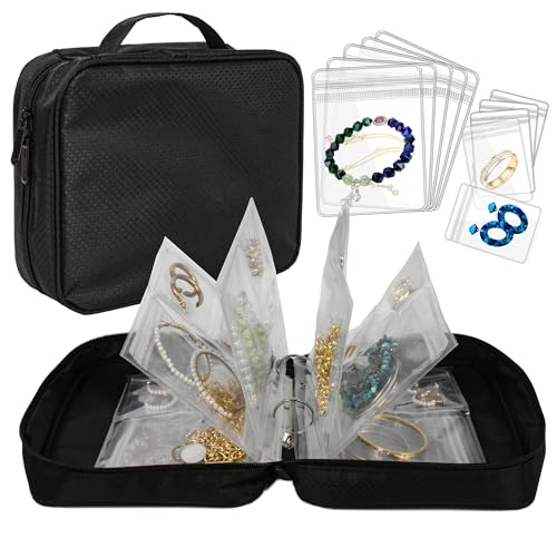 Travel Jewelry Organizer Case Transparent Jewelry Storage Book Binder Bag for Earrings, Rings, Necklace, Bracelet (All-Black) - color: All-Black