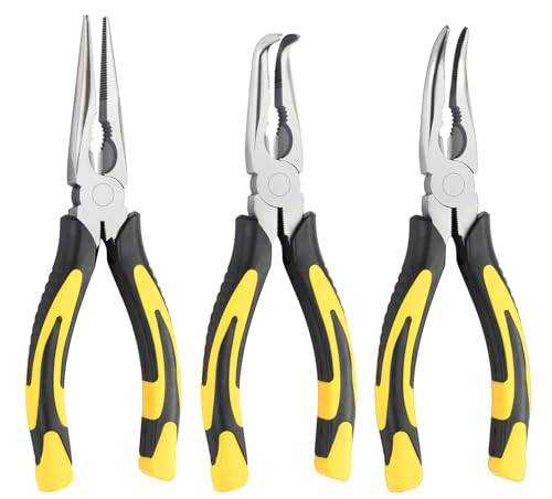 3pcs 8inch Reach Needle Nose Pliers Set,Includes Straight Needle Nose Pliers,45°&90°Bent Nose Pliers,Pliers Tool Set for Narrow Spaces