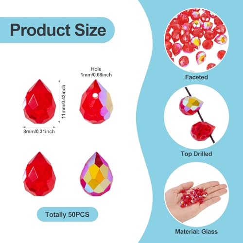 50Pcs Red Faceted Glass Teardrop Beads Electroplate Top Drilled Drop Loose Spacer Beads Transparent Crystal Water Drop Bead Teardrop Chandelier Charms for DIY Earring Bracelet Jewelry Making - color: Red