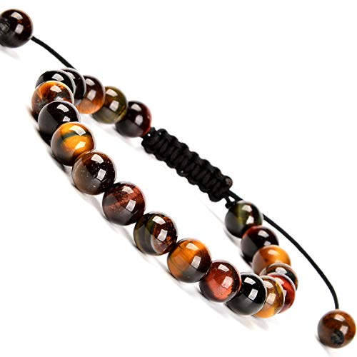 MASSIVE BEADS Natural Healing Power Gemstone Crystal Beads Unisex Adjustable Macrame Bracelets - color: Multi-Color Tiger Eye, size: 8mm