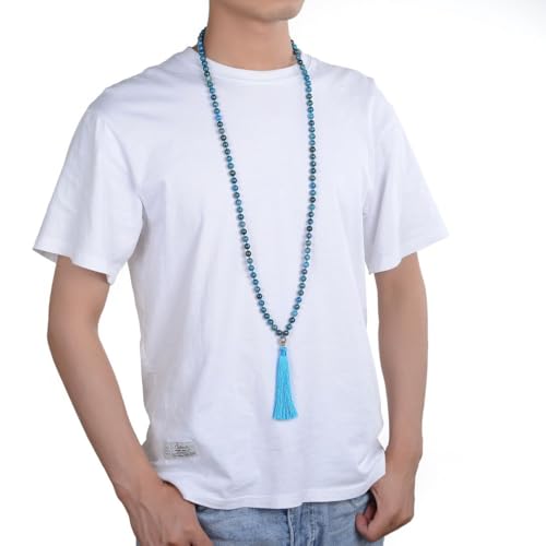 Adabele Premium 108 Mala Beads Malas Necklace - Natural Healing Gemstone Tibetan Buddhist Japa Prayer Meditation Reiki Chakra Stone Quartz Rock Women Men Jewelry - style: Blue Apatite