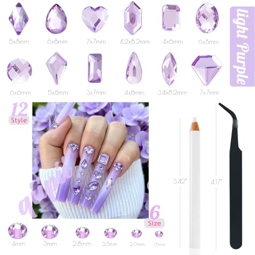 qiipii Amethyst Purple Nail Rhinestones Multi Shapes Crystal Flatback K9 Glass Light Purple Stones Gems Round Beads Diamonds Jewels w Wax Pen Charms for Nails Face Eyes Makeup Clothes Shoes DIY Crafts - color: Amethyst Purple, size: A Set