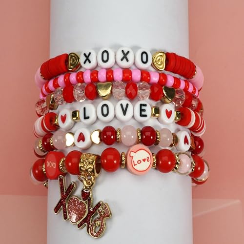 6PCS Valentine’s Day Clay Heishi Bracelet Set for Women- Red Pink Heart Love KISS XOXO Beaded Stretch Bracelets - Handmade Polymer Clay Crystal Glass Stackable Jewelry Gift for Galentine's Anniversary - color: LOVE-07