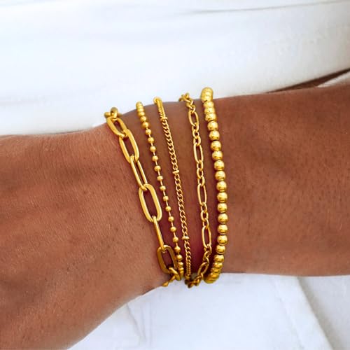 Waterproof Gold Chain Bracelet For Women Non Tarnish,14K Gold Plated Link Dainty Bracelets Stake Layered Bracelet Set Hypoallergen Gold Jewelry - color: Style-4