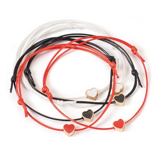 Cheriswelry 6pcs Heart Beads Braided Bracelets Waxed Polyester Cords Adjustable Bracelets 3-1/2 inch3-3/8 inch Matching Friendship Bracelets for Women Men - color: 3 Color-Heart
