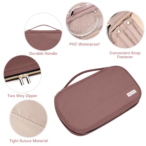 Jewelry Travel Case Organizer for Necklaces, Earrings, Rings, Bracelet, Watch, Soft Sided, Red Sandalwood - color: Rosewood Pink