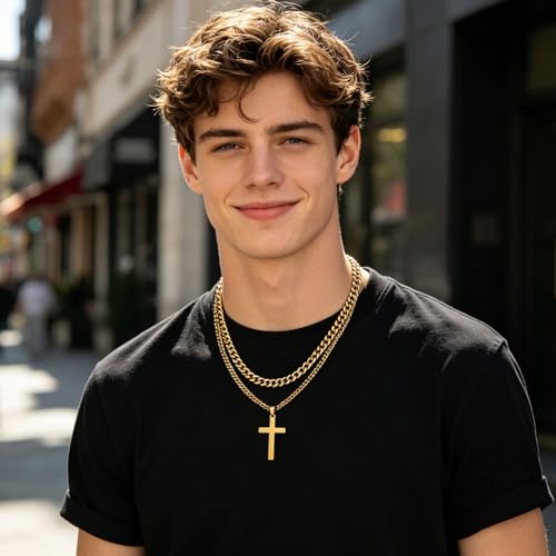 SENRAN Layered Cross Necklace for Men Boys Stainless Steel Layered Cuban Link Chain 16-24 inch Christian Cross Pendant Religious Jewelry Gifts - color: Gold, style: 16inch/18inch