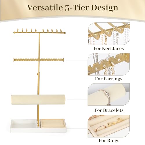 Tirzah 3-Tier Adjustable Jewelry Holder Organizer Stand with 20 Necklace Hooks, 18 Earring Holes and Notches, Bracelet Holder, 6 Ring Rolls, Jewelry Tray for Girls, Women - color: Gold & White, for Necklace Earring Bracelet