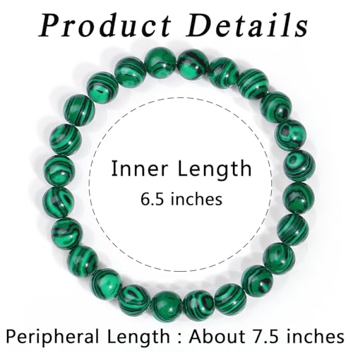MAIBAOTA Healing Crystal Bracelet for Women Men, 8/4 mm Natural Stone Beaded Bracelets, Jewelry Birthday Gifts, Round Gemstones Stretch Bracelets - color: Green-Malachite, size: 8 mm