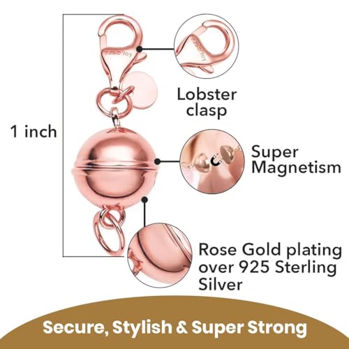 Magnetic Clasps for Necklaces in 925 Sterling Silver Magnetic Necklace Clasp 14K Rose Gold Plated Round Jewelry Lock with Lobster Clasp Women 2.50 Grams Gifts - color: Rose Gold