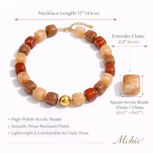 Mchic Colorful Beaded Choker Necklace for Women: Boho Large Square Acrylic Beaded Necklace Stainless Steel Adjustable Surfer Beach Strand Necklaces Summer Handmade Jewelry Gift for Women - color: Coffee