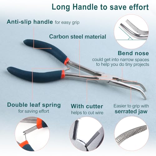 SPEEDWOX Long Reach Needle Nose Pliers with Serrated Jaws Bend Nose Pliers Fish Pliers Hook Remover Angled Needle Nose Plier with Cutter for Hard to Reach Narrow Spaces Jewerly Making - style: Needle Nose Pliers with bend nose