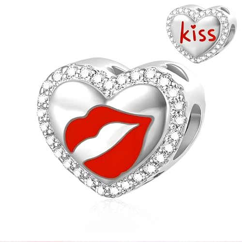 S925 Bead Dangle Charms for Bracelets Necklaces, Compatible with Pandora - style: Kiss and Lip Heart Charm