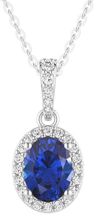 MSBLUE 1.69ct Vintage Style Oval Created Sapphire Halo Pendant Necklace, Sterling Silver with 14K White Gold Vermeil, Rhodium Finish, Valentines Day Gifts for Her