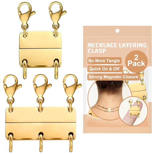 Bonison Necklace Layering Clasp - 18K Gold Plated Multiple Necklace Clasp Set, Magnetic Chain Separator & Extender for Women, Double & Triple Closure for Layering(2 PCS/Gold) - color: 2 PCS/Gold