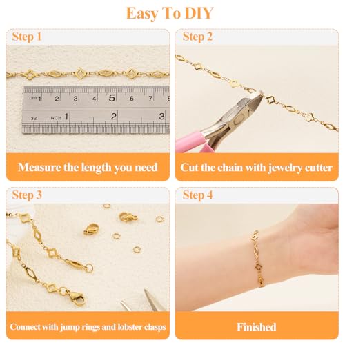 YOUBEIYEE 13 Feet Gold Plated Chain for Jewelry Making Stainless Steel Rhombic Clover Chains Bulk for Women Necklace DIY with Jewelry Accessories - color: Clover Rhombic Gold