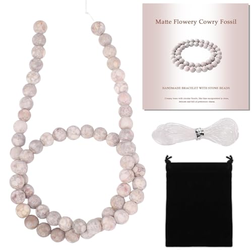 Stone Beads, 60pcs Matte Flowery Cowry Fossil, 6mm Round Loose Beads for Jewelry Making, Bracelets, with Bag, String & Card - color: Matte Flowery Cowry Fossil, size: 6mm