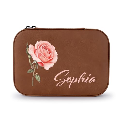 Custom Leather Jewelry Box with Name & Birth Flower Month, Birthday Gifts for Women, Personalized Jewelry Travel Case - Customized Jewelry Organizer Box, Mom Birthday Gifts, Chestnut - color: Chestnut