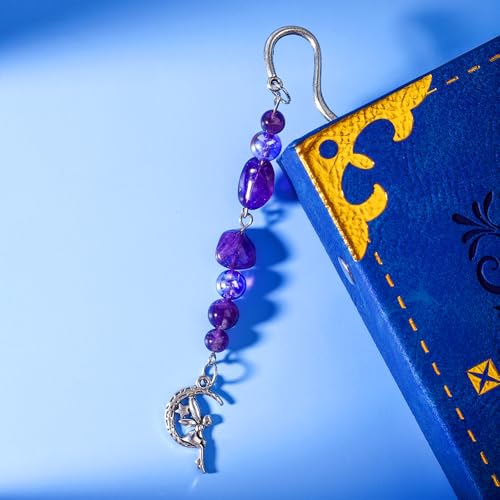 Vintage Metal Angel Bookmark Pendant with Natural Crystal Bead Chain–Elegant Fairy Bookmarks for Women,Men,Book Lovers,Teachers and Students(Amethyst) - style: Angel