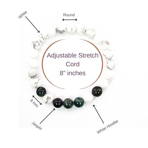 Black Obisidian Bracelets for Men 8" Inch Full Stretch Healing Crystal Bracelet, Beaded Charm Bracelet for Men Gifts Fathers Day Anniversary Birthday Gifts for Him - color: White Howlite & Jasper Bracelets