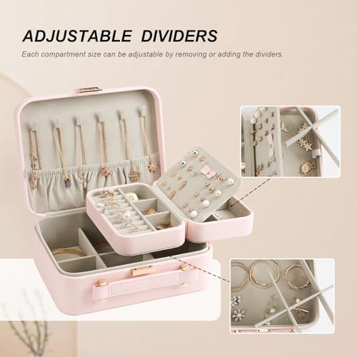 Large Jewelry Travel Organizer, Large Travel Jewelry Box with Removable Jewelry Tray, 2-Layer Jewelry Boxes for Women, Pink - color: A Gentle Pink