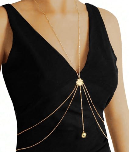 14K Gold Plated Body Chains for Women, Sexy Layered Belly Waist Chain Crossover Bikini Bra Chain, Summer Beach Rhinestone Body Jewelry - style: Gold Eye1