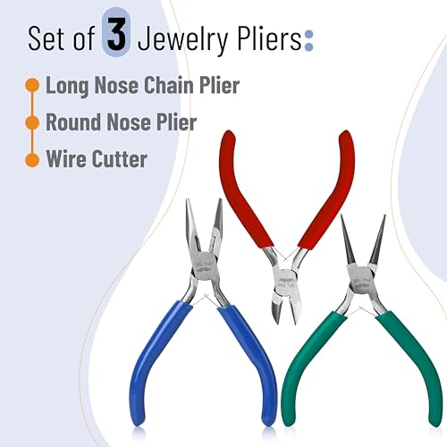 Mr. Pen- Pliers for Jewelry Making, 3 Pack, Chain Nose, Round Nose Pliers Set and Wire Cutter for Beading, Wire Wrapping, Jump Rings, Jewelry Repair, Crafting, DIY - color: Blue, Green, Red