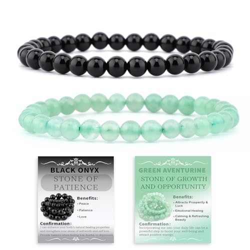 NCB 2.3-Piece 4mm Natural Crystal Gemstone Stretch Bracelets – Handmade Reiki Energy Healing Jewelry for Meditation,Yoga, Unisex - color: 2PCS ( Black Onyx+Green Aventurine ), size: 6mm