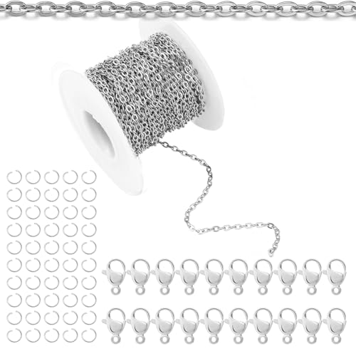 33Feet Stainless Steel Necklace Chains Cable Link Chains for Jewelry Making DIY Craft Kit with Lobster Clasps Jump Rings - color: 33Feet-Stainless Steel, size: 2.5mm