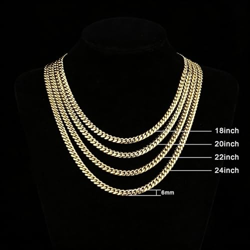 4/6mm Cuban Link Chains for Men - Gold/Silver Plated Stainless Steel Miami Curb Chain Necklace - No Tarnish Hip Hop Mens Jewelry, 18"/20"/22"/24" - color: 6MM Gold Chain, size: 20inch