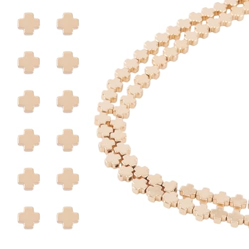 202 Pcs Hematite Cross Beads for Jewelry Making 4mm Natural Gemstone Hematite Beads Small Cross Crucifix Bead Charms for Women Men Bracelet Necklace Jewelry Making - color: Light Gold-Hematite