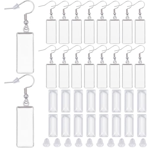 1 Box 90Pcs 30 Sets Earring Bezel Blanks Stainless Steel Earring Wire Hooks 10x25mm Rectangle Bezel Pendant Trays with Glass cabochons Silicone Backs for Jewelry Making DIY Dangle Charms - style: Style 3