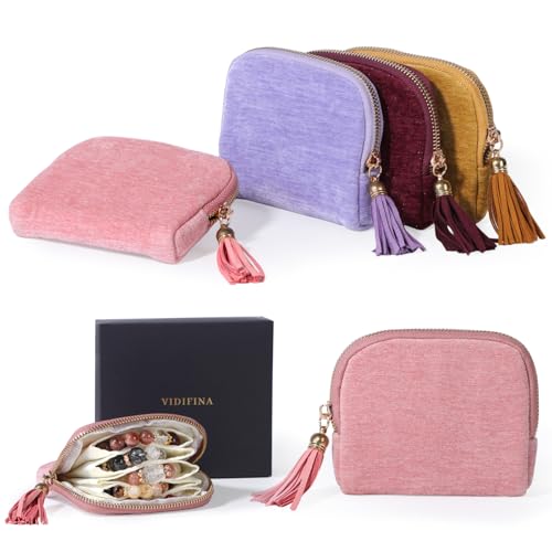 Travel Jewelry Case, Small Velvet Jewelry Bag with Zipper, 5-Layer Anti-Scratch Pouch for Bracelets Necklaces Earrings, Tangle-Free Jewelry Storage, Gift for Her Chenille Velvet Pink - color: Pink