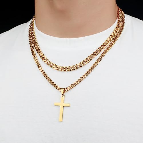 SENRAN Layered Cross Necklace for Men Boys Stainless Steel Layered Cuban Link Chain 16-24 inch Christian Cross Pendant Religious Jewelry Gifts - color: Gold, style: 20inch/22inch