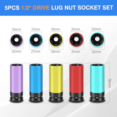 5PCS 1/2" Drive Wheel Protector Impact Socket, Non-Marring Lug Nut Deep Socket Set, CR-MO, 6 Point, Color-Coded Protective Socket | Metric 15 17 19 21 22 mm - size: 1/2" Protective Cover Sockets 5pcs