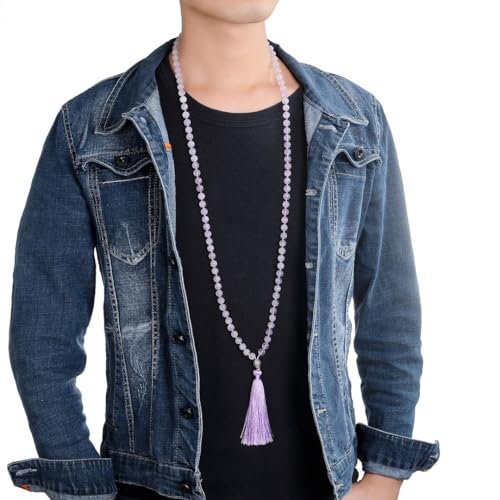 Adabele Premium 108 Mala Beads Malas Necklace - Natural Healing Gemstone Tibetan Buddhist Japa Prayer Meditation Reiki Chakra Stone Quartz Rock Women Men Jewelry - style: Lavender Jade