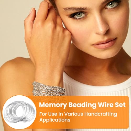 100 Loops Silver Memory Beading Wire with Cutter Tool and 6 Size Beading Needles for Jewelry Making, DIY Bracelet Necklace Ring Earring Craft, Solve Bead Stringing and Cutting Problem