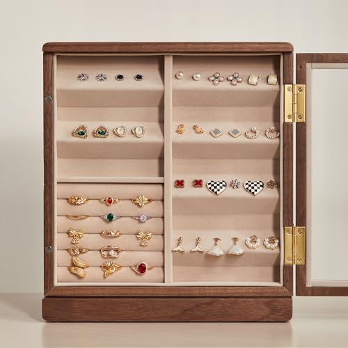CHOSIN Black Walnut Wooden Jewelry Box, 360° Rotating Organizer with Glass Lid, 5 Drawers for Earrings, Rings, Necklaces – Vertical Jewelry Storage for Women Mothers Day Gifts for Mom - style: 360° Rotatable