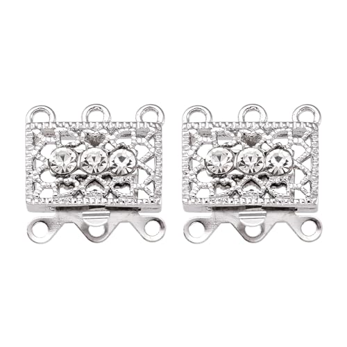 Pandahall 2 Sets Metal Tone Brass Rhinestone Rectangle Filigree Clasps, 3-Strand Box Clasps, Platinum