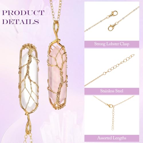 Yaomiao 5 Pieces Crystal Necklaces, Healing Stones Spiritual Pendant Natural Gemstone Jewelry with Adjustable Chain for Women Girls - color: Mixed Color with Tree Gold Chain